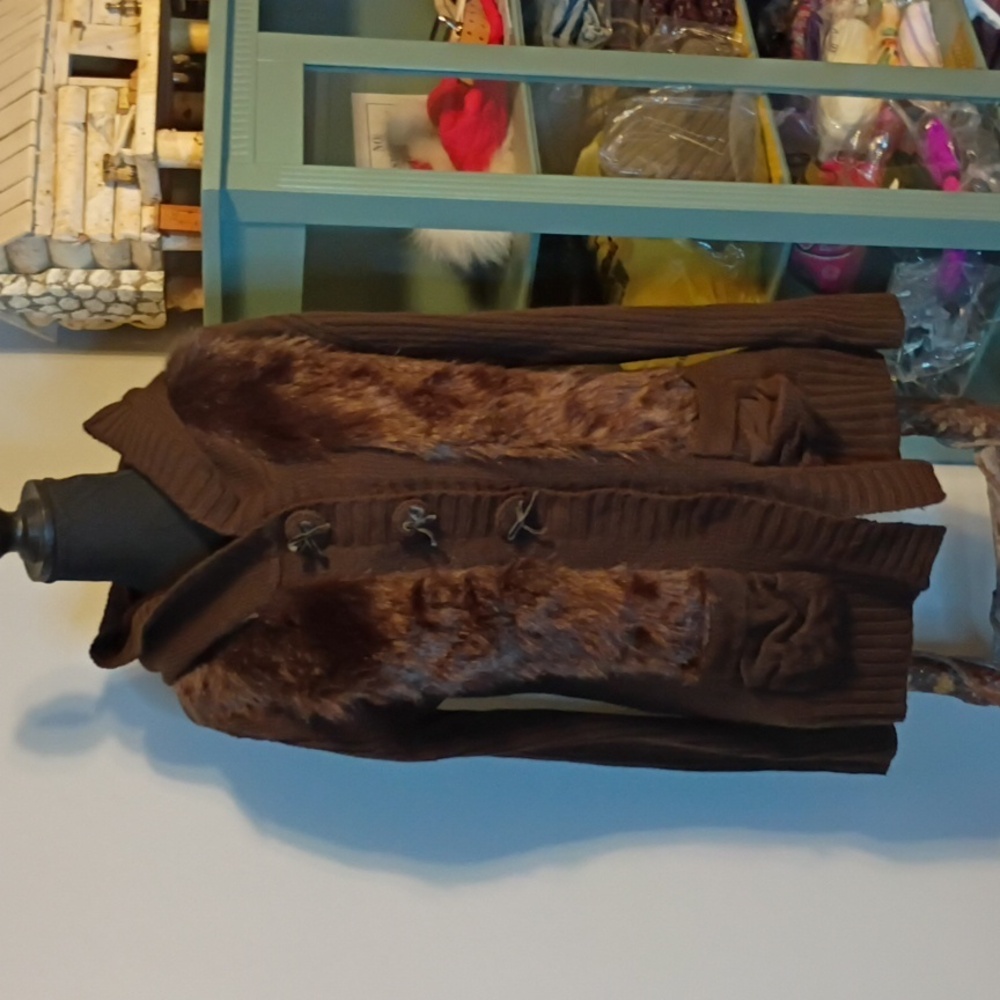 Dressbarn Brown Hooded Faux Fur Cardigan